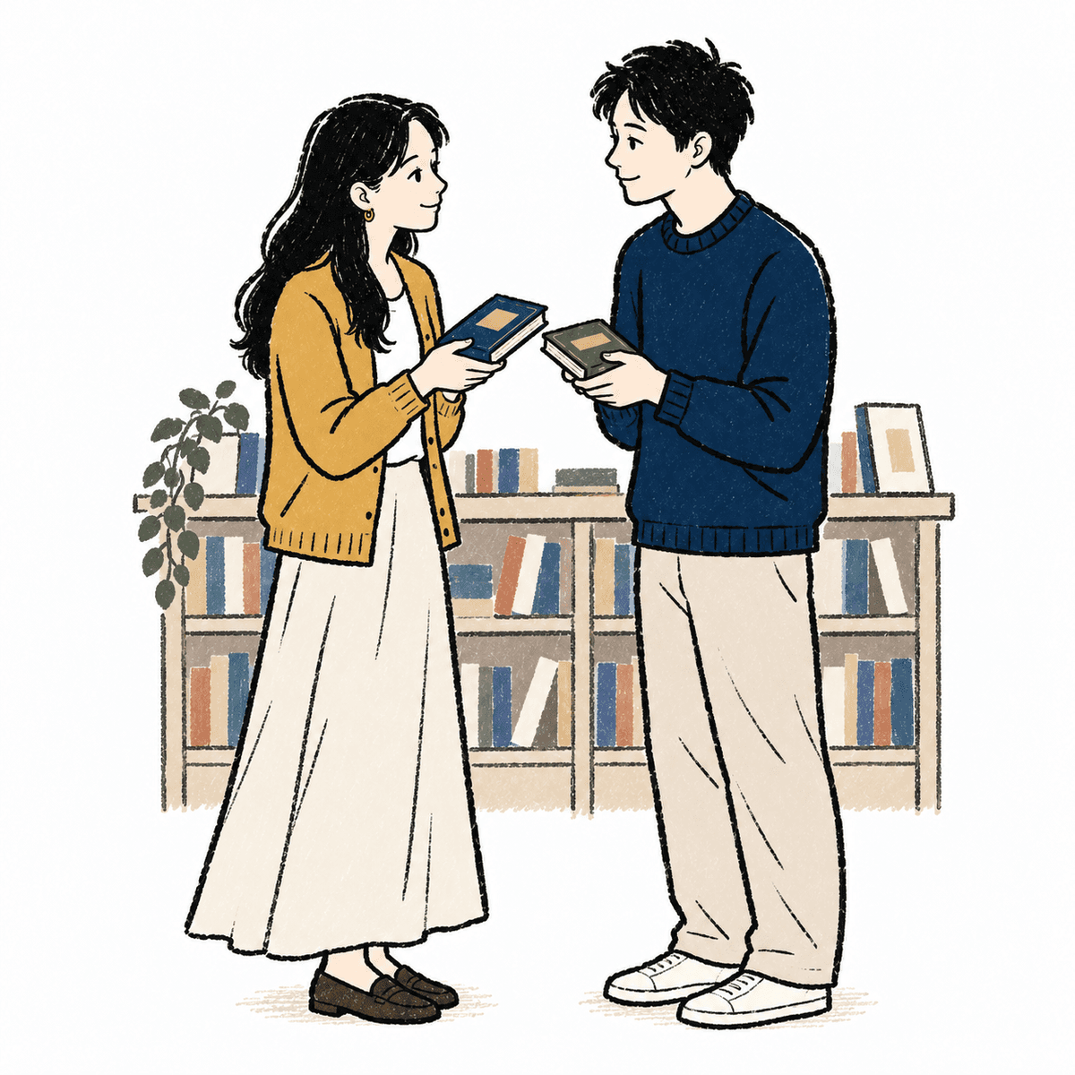서점에서 마주 서서 서로를 위해 고른 책을 선물하는 두 사람